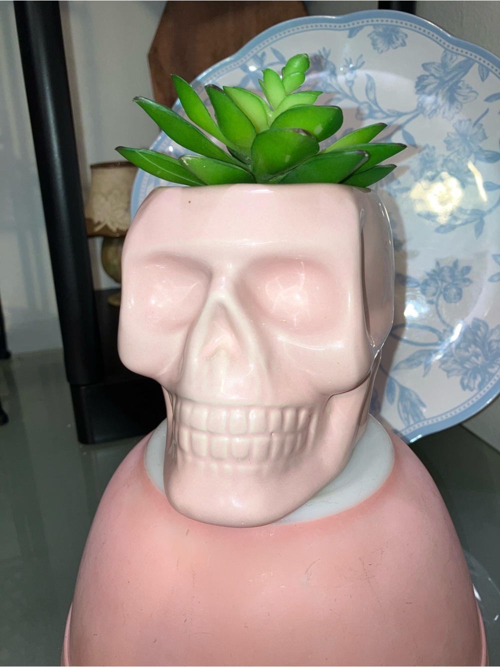 Pastel Pink Ceramic Skull Planter with Green Faux Succulent